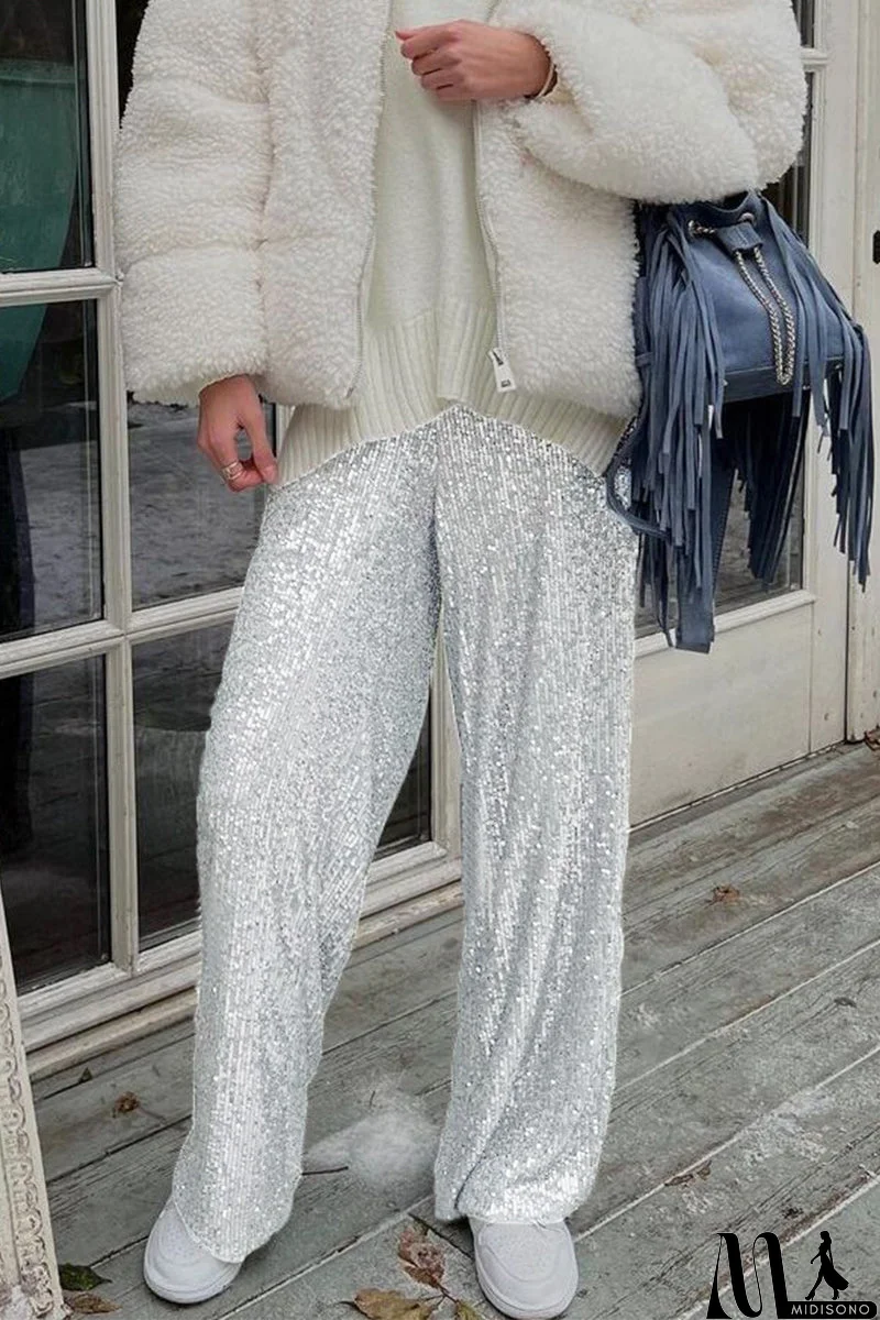MidiSono - Casual British Style Solid Sequins Loose Low Waist Straight Solid Color Bottoms
