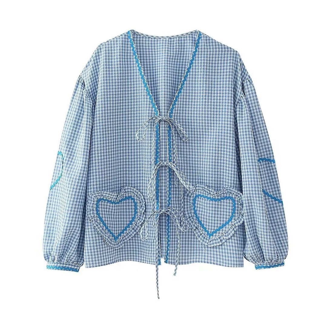 Woherb Autumn 2024 New Women's Fashion Casual Contrast Ribbon Plaid Shirt W028 6132-Outfit Ideas