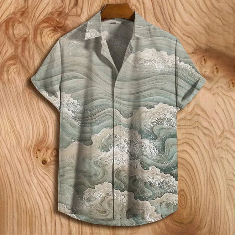 Men'S Sea Wave All Over Print Button Down Short Sleeve Shirt