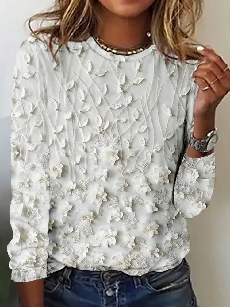 Vintage Lace Floral Embroidered Long Sleeve T Shirt