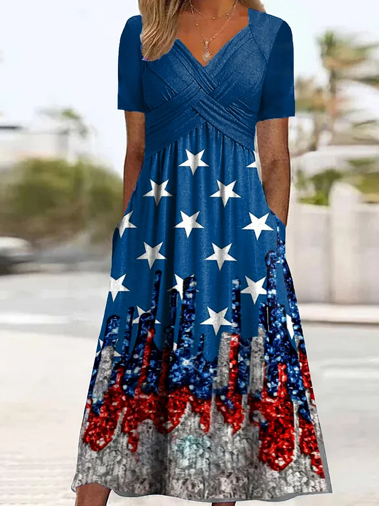 Women's Independence Day Flag Sequin Element Print Dress