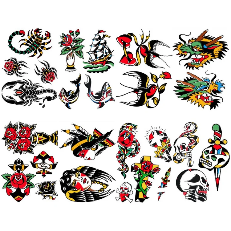 8 Sheets Old School Scorpio Skull Cross Dragon Colorful Temporary Tattoos