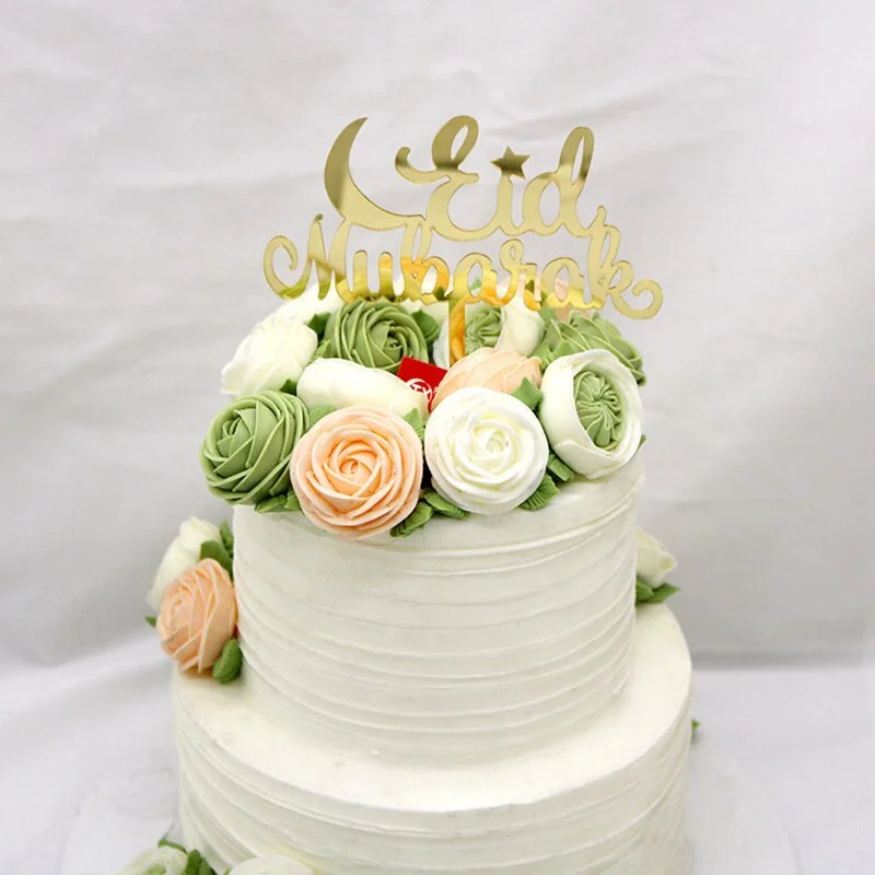 Eid Mubarak Cake Topper Gold Acrylic Cupcake Topper for Hajj Ramadan Mubarak Kareem Cake Decorations Muslim Baking Cake Supplies