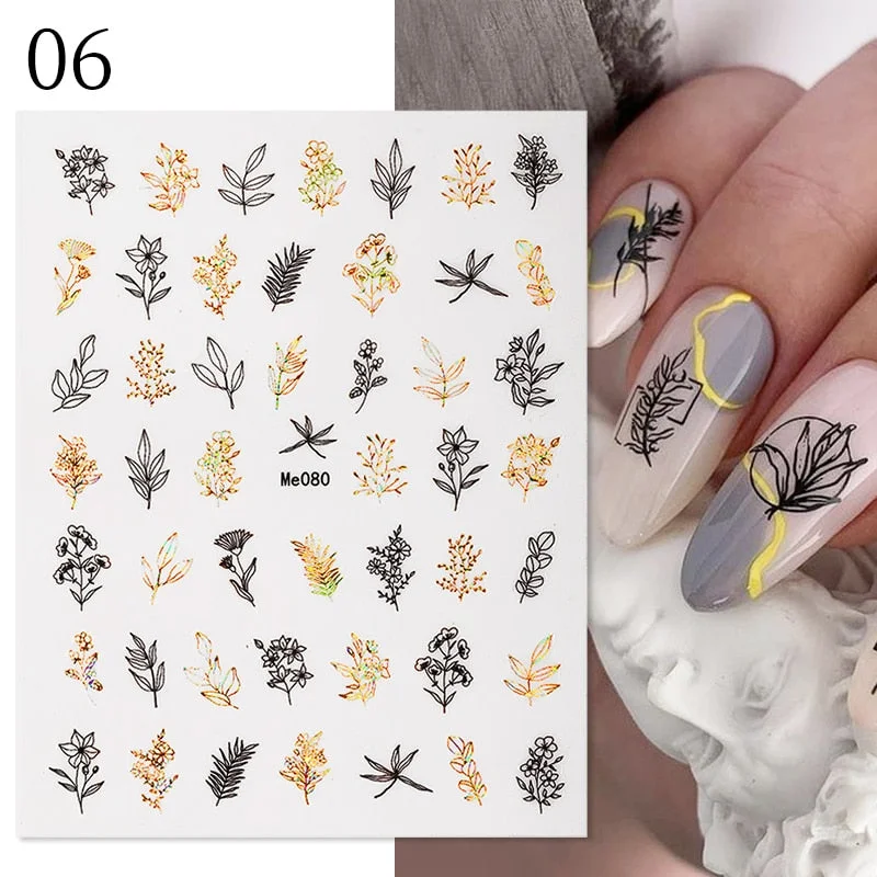 1 Pc White Gold Laser Leaves 3D Nail Stickers Leaf Cute Spring Sliders for Nails Flowers Adhesive Sticker Nail Art Design Decal-Nail Inspo