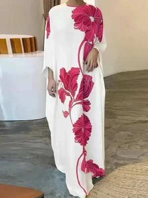 Image of Batwing Sleeves Loose Floral Printed Round-Neck Evening Dresses Maxi Dresses