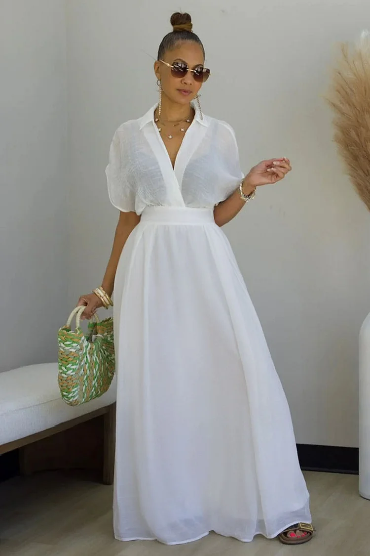 Surplice V Neck Dropped Shoulder Semi-Sheer Maxi Dresses-White [Pre Order]