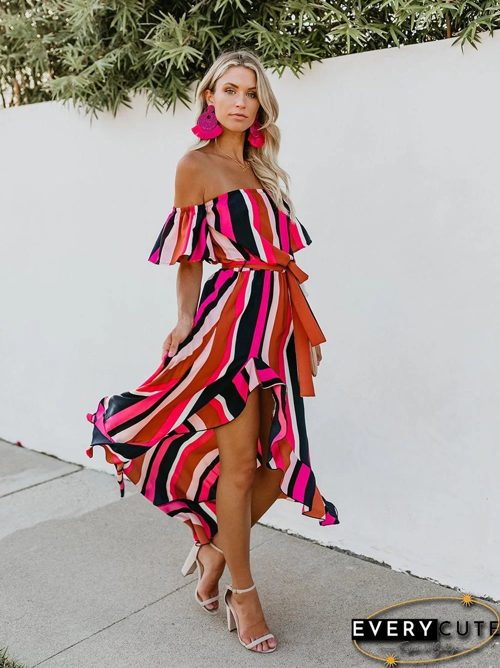 Vacation Off Shoulder Striped Belt Maxi Dress
