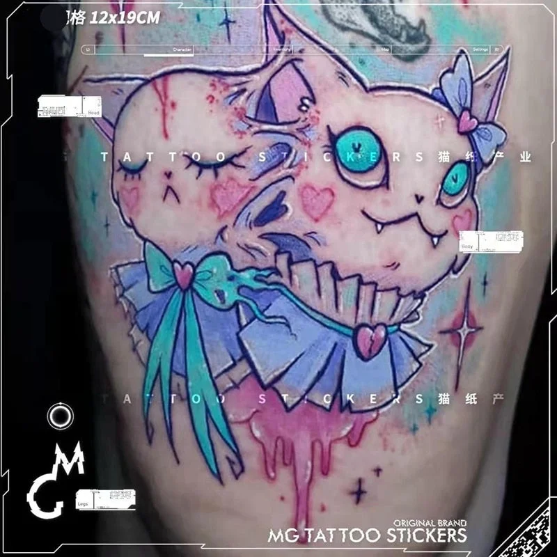 4pc/Lot Cartoon Cat Temporary Tattoo Stickers Set Female Waterproof Personality Cool Bear Watercolor Fake Tattoo Arm Dark Tattoo