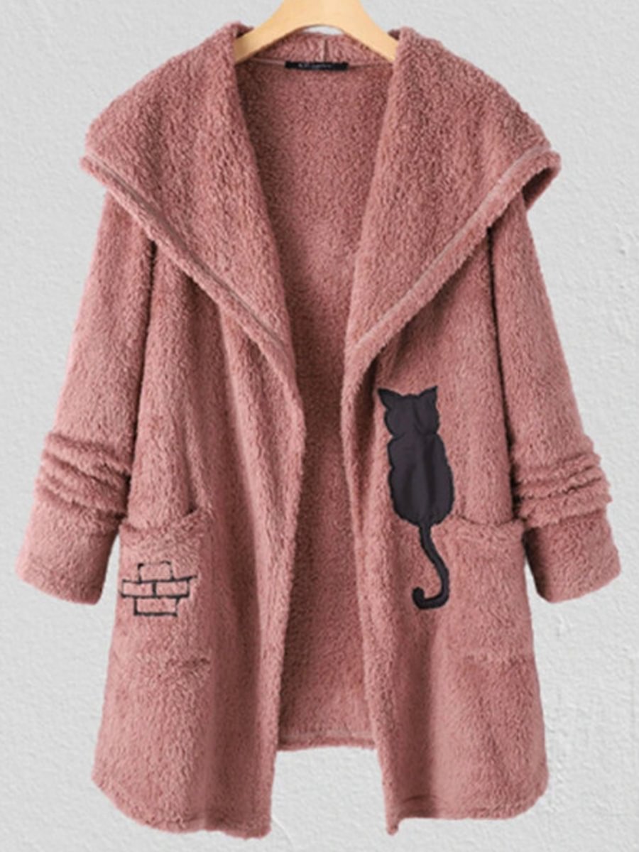 Casual Oversized Cat Print Plush Hooded Long Sleeve Coat