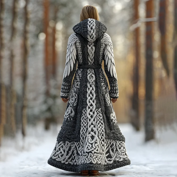Viking Celtic Knot With Wings Art Warm And Cozy Knit Hooded Cardigan