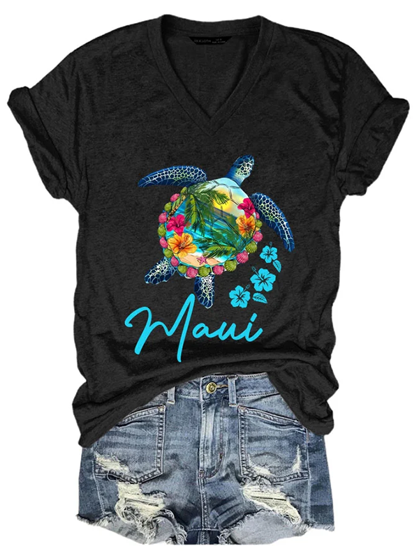 Women's Maui Sea Floral Turtle V Neck Graphic Print T-Shirt