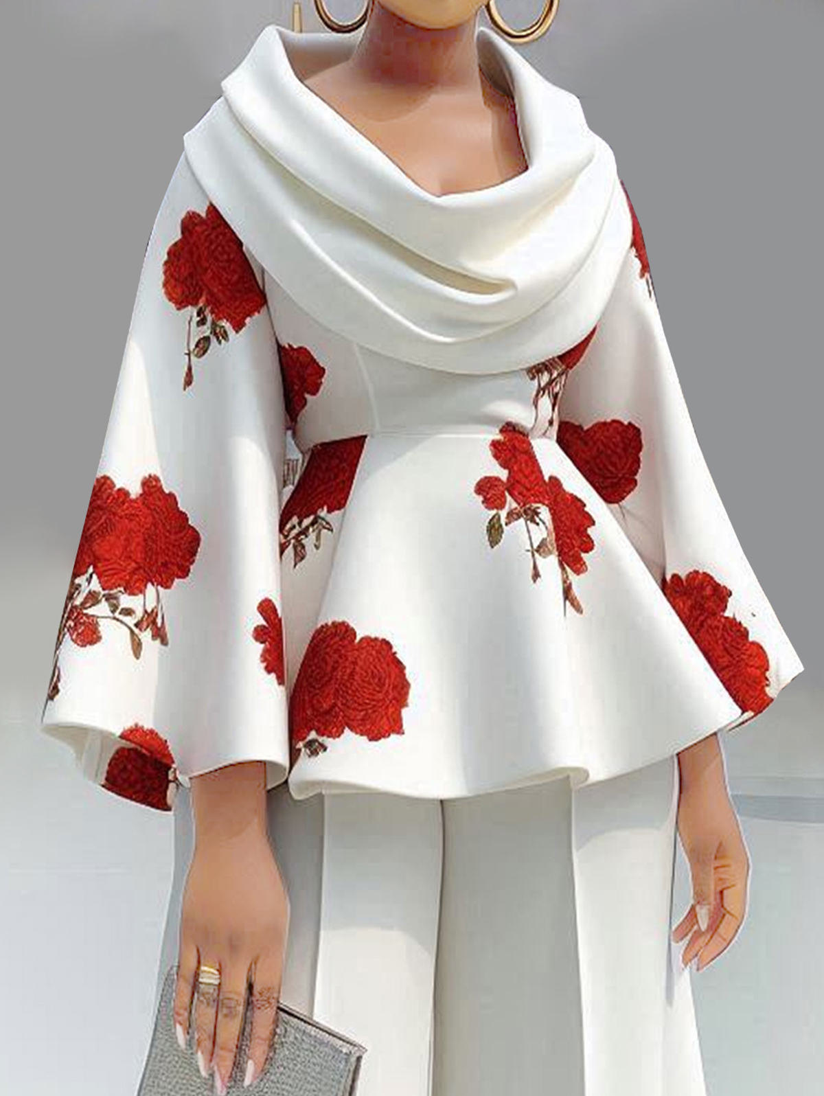 Floral Pattern Cowl Neck Flutter Sleeve Peplum Blouse