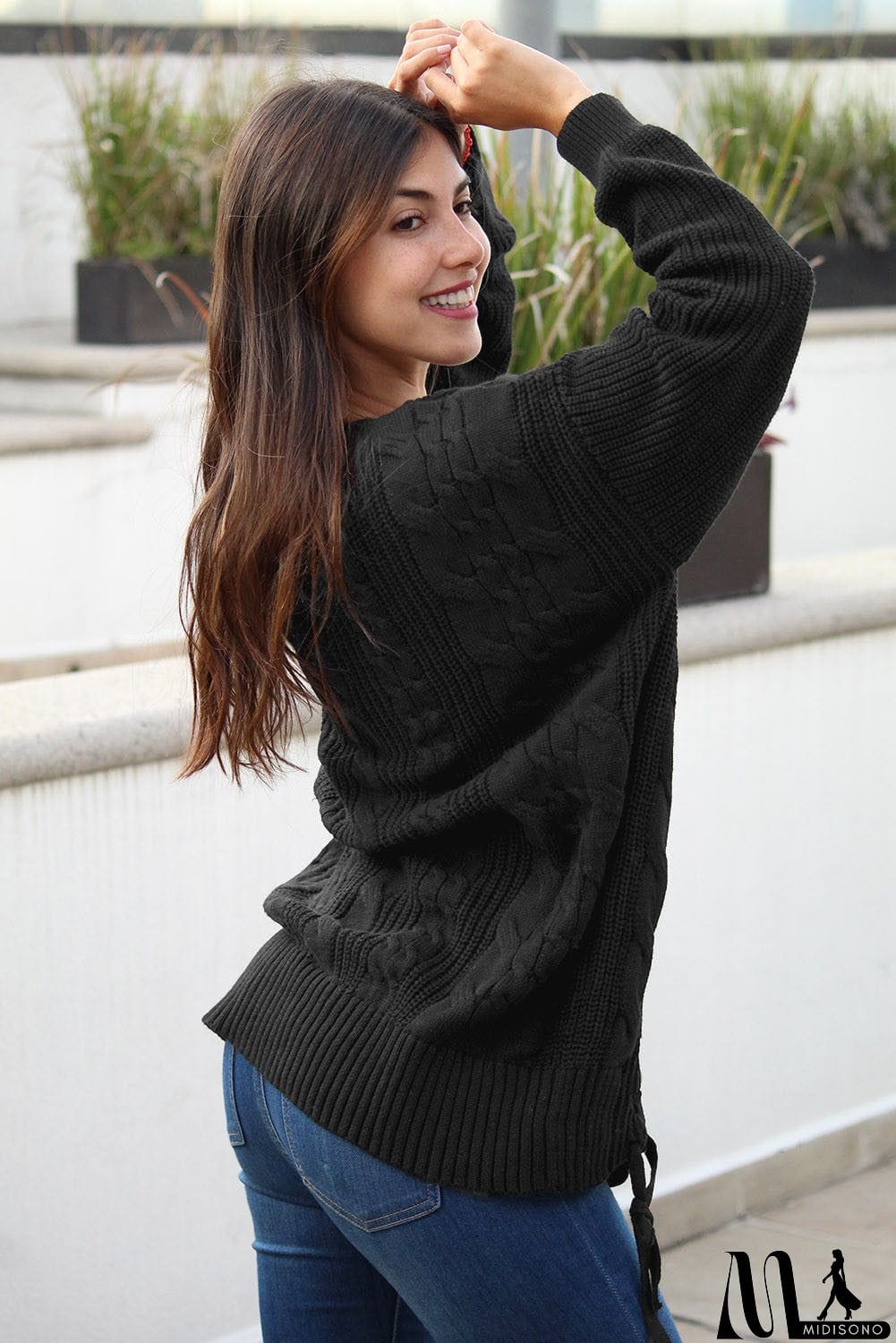 MidiSono - Love Letters Cable Knit Lace Up Sweater