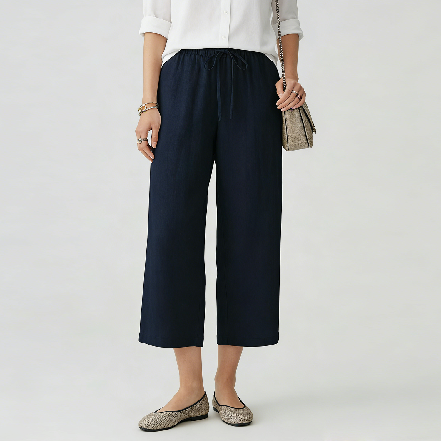 100% Linen Pants for Women Wide Leg Cropped Trousers with Drawstring REAL SILK LIFE