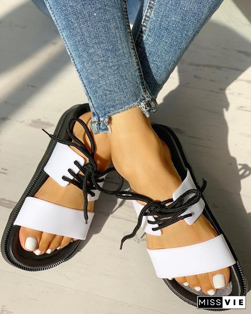 Lace-Up Double Strap Open Toe Flat Sandals