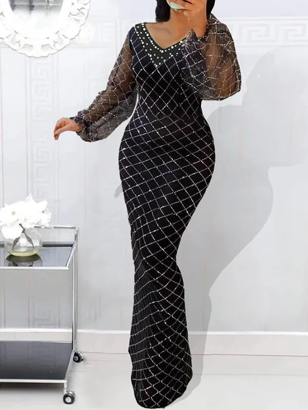 Fashion V-Neck Beaded Decorate See-Through Wrap Casual Maxi Dress