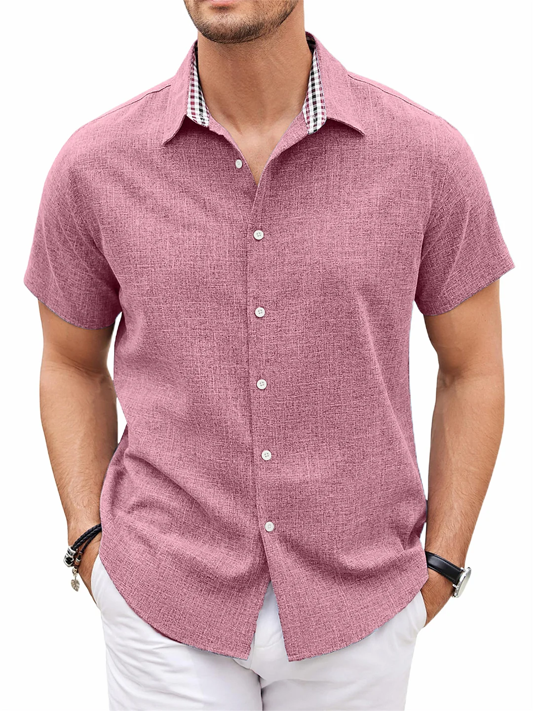 Suitmens Mens Linen Shirt Short Sleeve Button Down Shirts Casual Plaid Collar Summer Beach Shirts