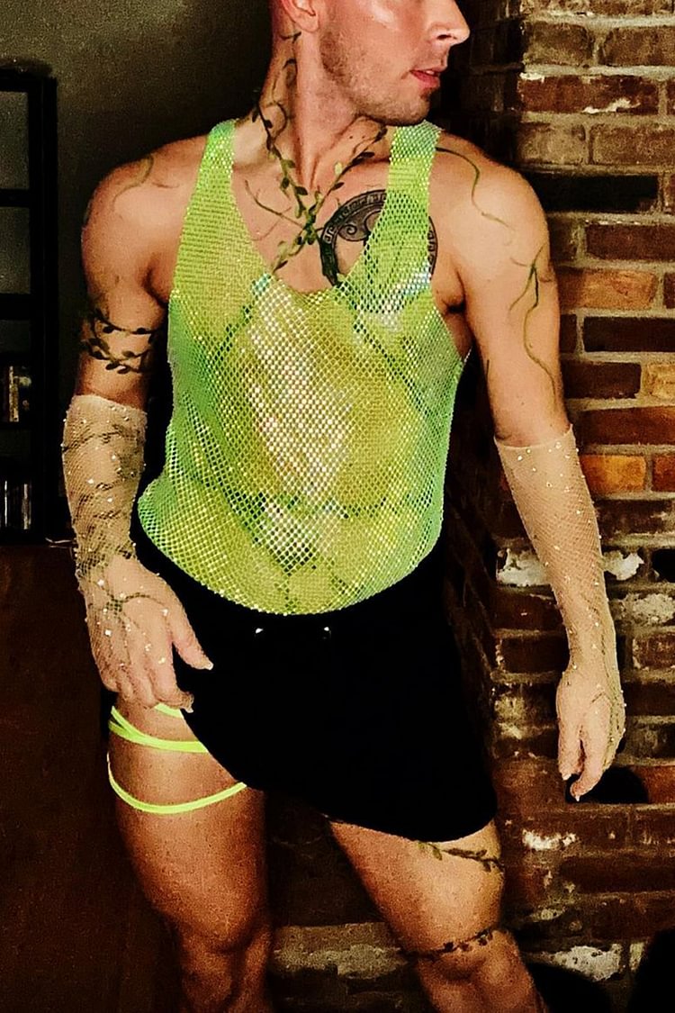 Neon Green See-Through Rhinestone Raw Cut Tank Top