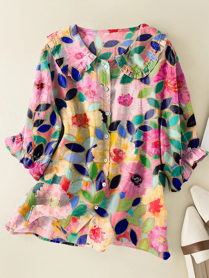 Vintage Floral Art Cotton and Linen Peter Pan Ruffle Collar Shirt