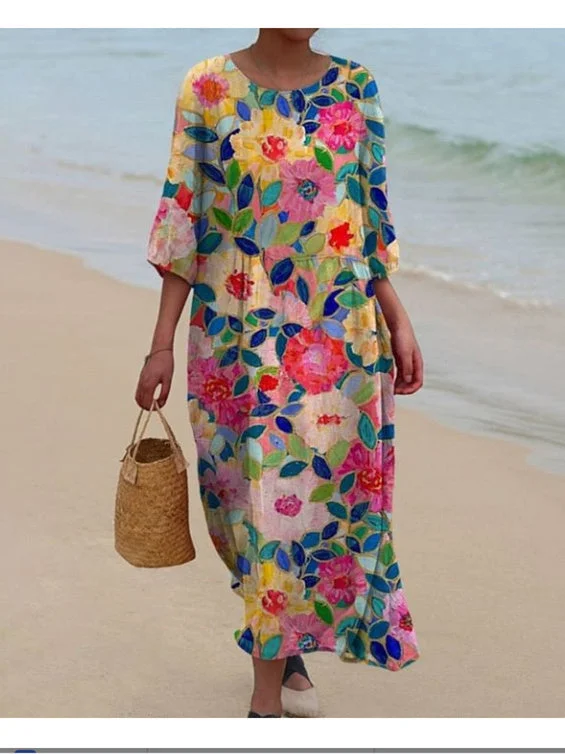 Women's 3/4 Sleeve Scoop Neck Graphic Printed Midi Dress