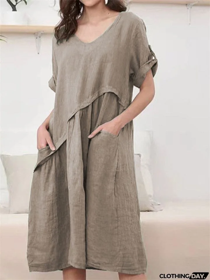 Simple Relaxed Plain V-neck Midi Dress for Women