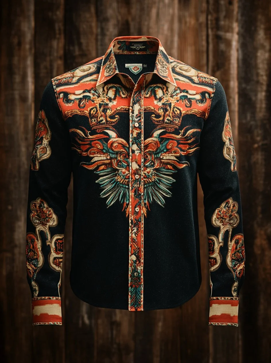 Men's Western Retro Tribal Totem Print Long Sleeve Shirt 