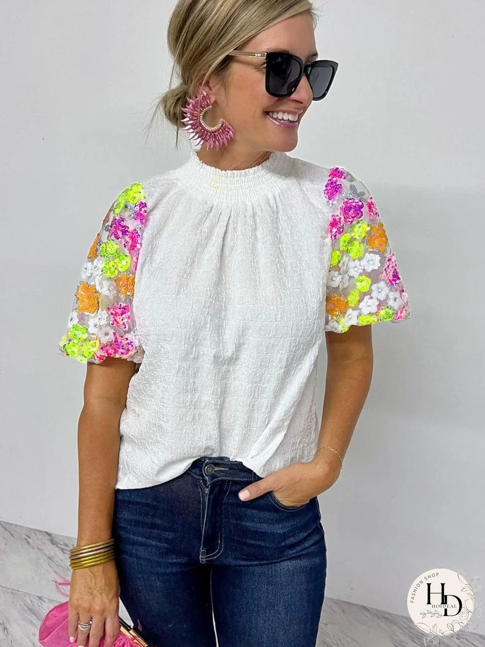 White Embroidered Puff Sleeve Top