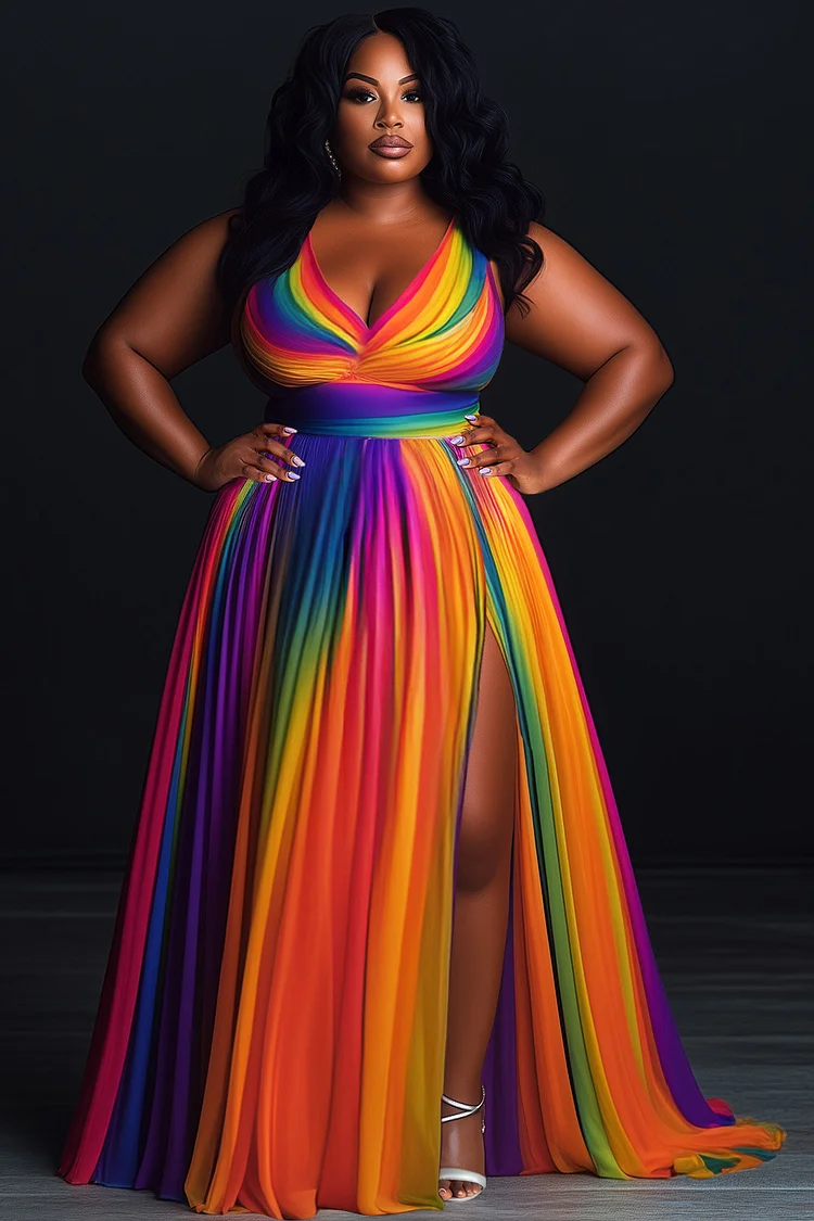 Xpluswear Design Plus Size Formal Rainbow Sundress Gradient V Neck Split Maxi Dresses [Pre-Order] 2024 - Xpluswear