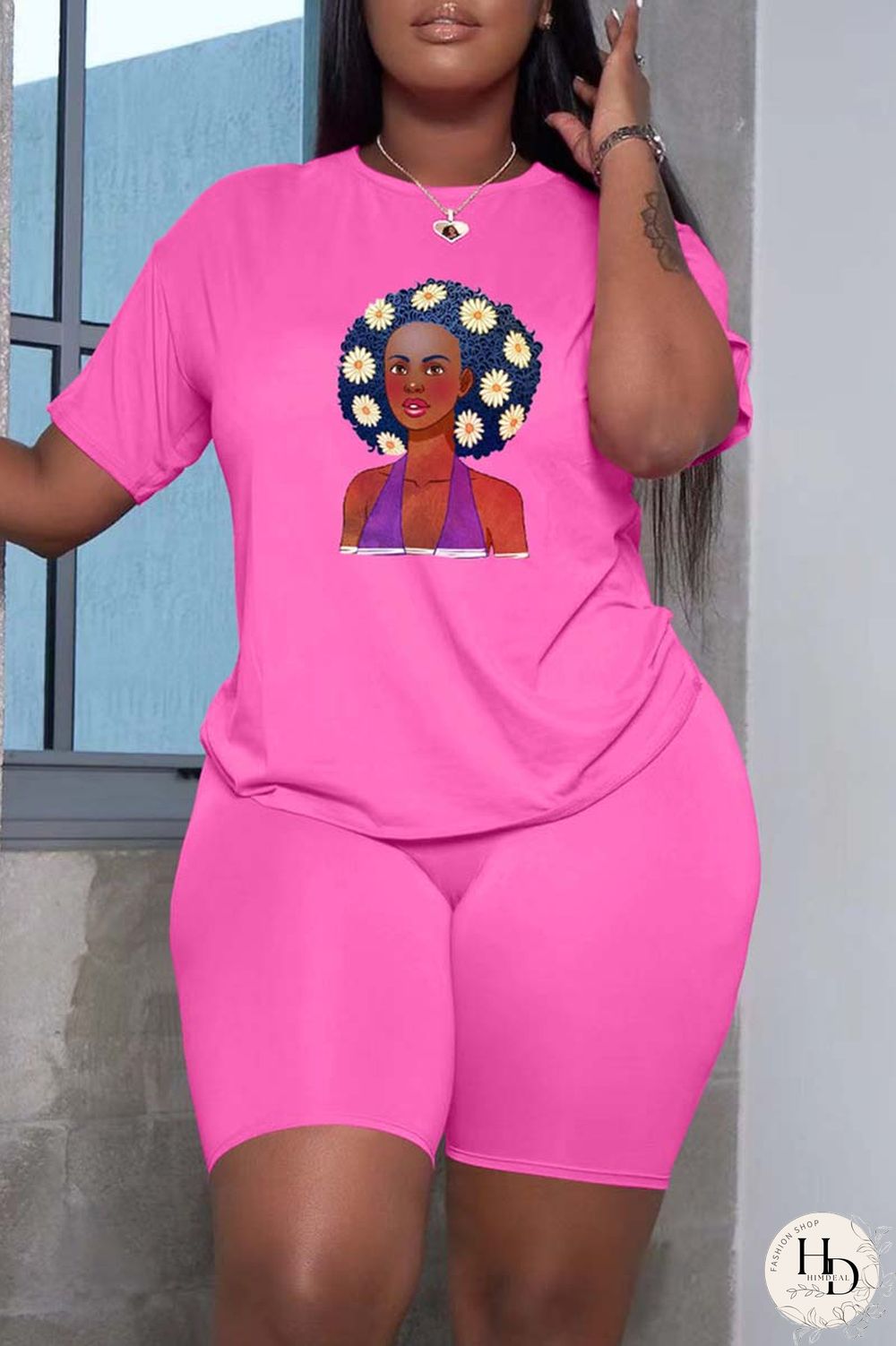 Black Casual Print Basic O Neck Short Sleeve Two Pieces