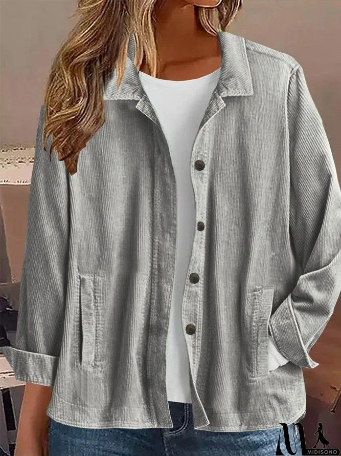 MidiSono - Womens Plain Loose Shirt Collar Casual Jacket