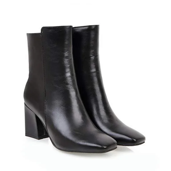 Women'S Chunky Heel Square Toe Simple Short Leather Boots