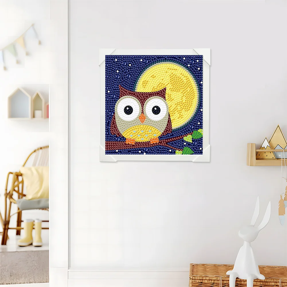 5D DIY Full Round Crystal Rhinestone Diamond Painting Owl Kit Home Decor Art Craft For Kid(Canvas|15*15cm)【with Wooden Frame】