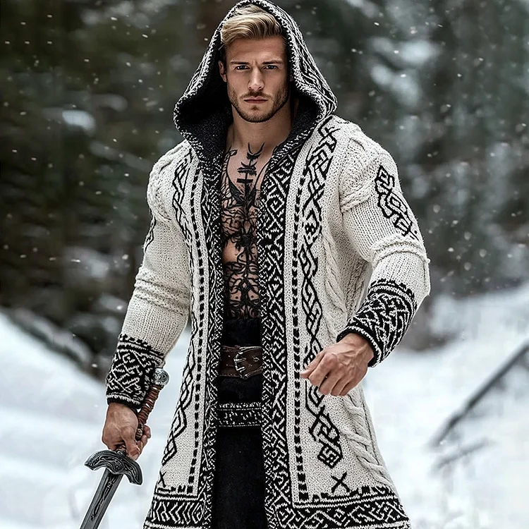 Men's Viking Tribal Pattern Jacquard Celtic Cozy Cardigan Sweater