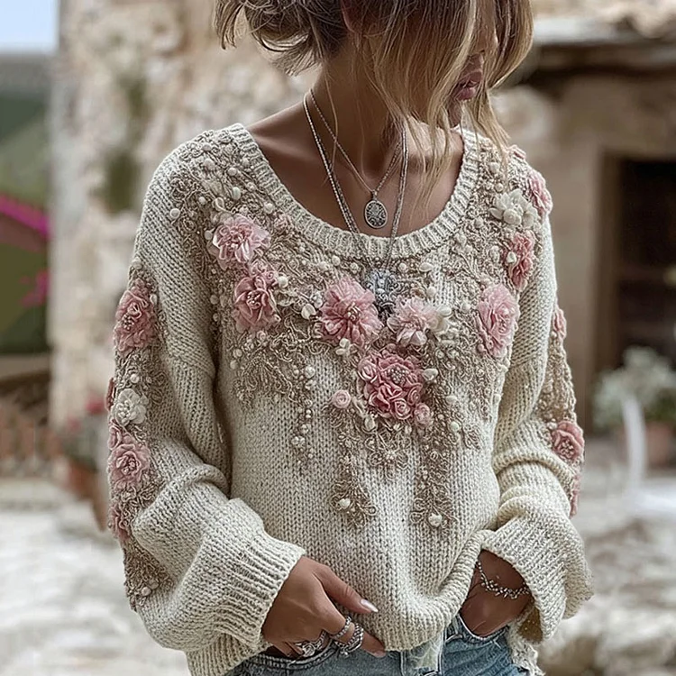 Women's Pink Floral Embroidery Art Knit Pullover Sweater