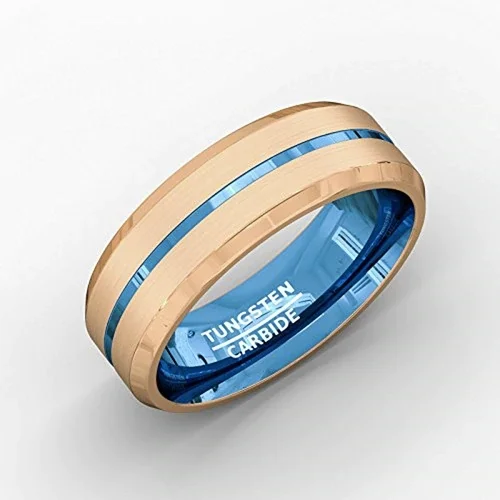 4MM 6MM 8MM 10MM Women's Or Men's Tungsten Carbide Matte Finish Rose Gold Bands with Blue Line Groove