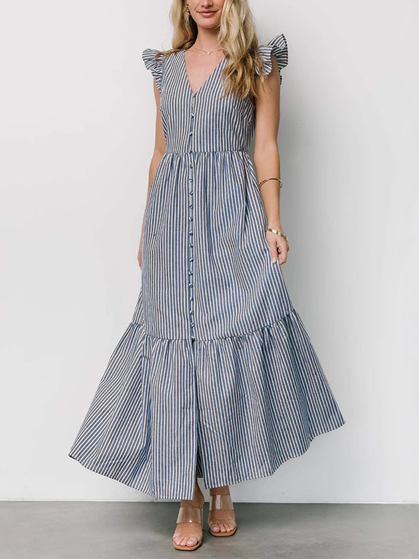 Striped V Neck Single Breasted Maxi Dress