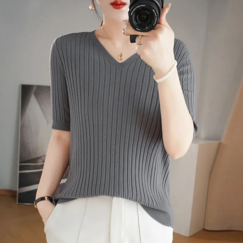 Churchf Churchf The Summer Of 2024, Women's Knit Short Sleeve Korean V-Neck Solid Color T-Shirt And A Pit Top