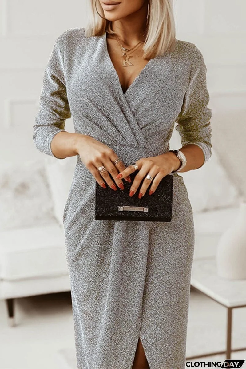 Sweet Elegant Solid Bronzing Sequins V Neck One Step Skirt Dresses(3 Colors)