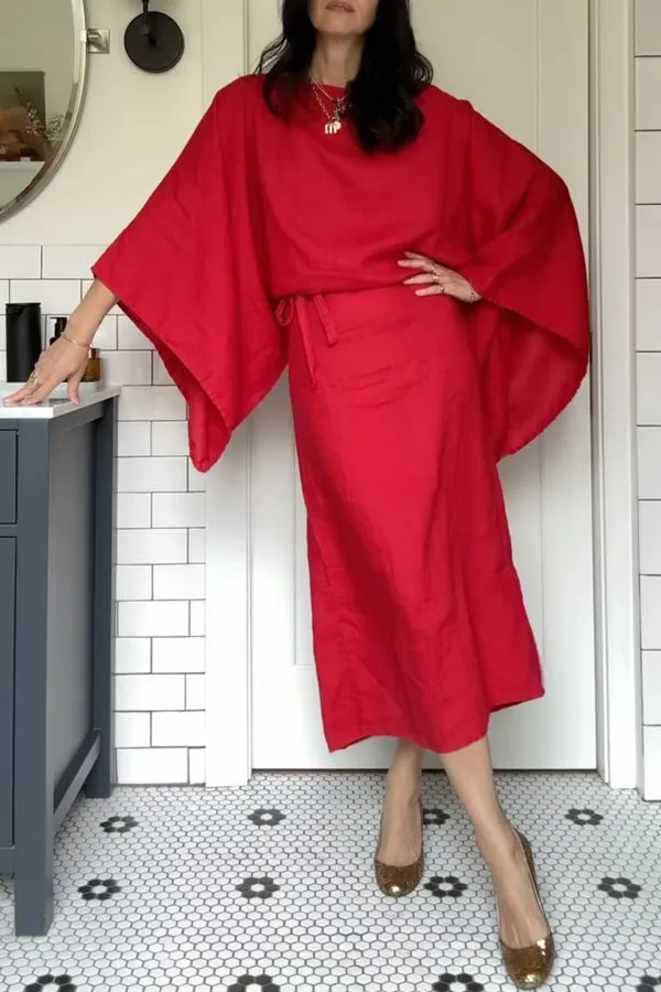 Stacie Linen Blend Wide Neck Batwing Sleeves Tie-up Wst H-line Maxi Dress