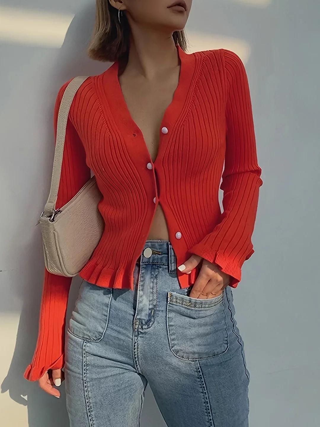 Nigikala Nigikala Women's Elegant V-Neck Lotus Leaf Side Details Knitted Cardigan Sweater With Buttons