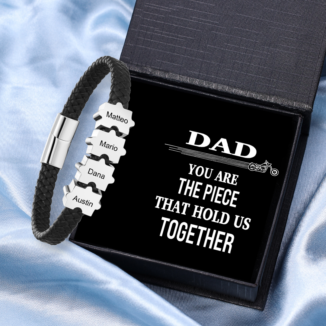 Custom Family Puzzle Bracelet Engrave 4 Names Leather Bracelet Father's Day Gifts for Dad-Jessemade AU