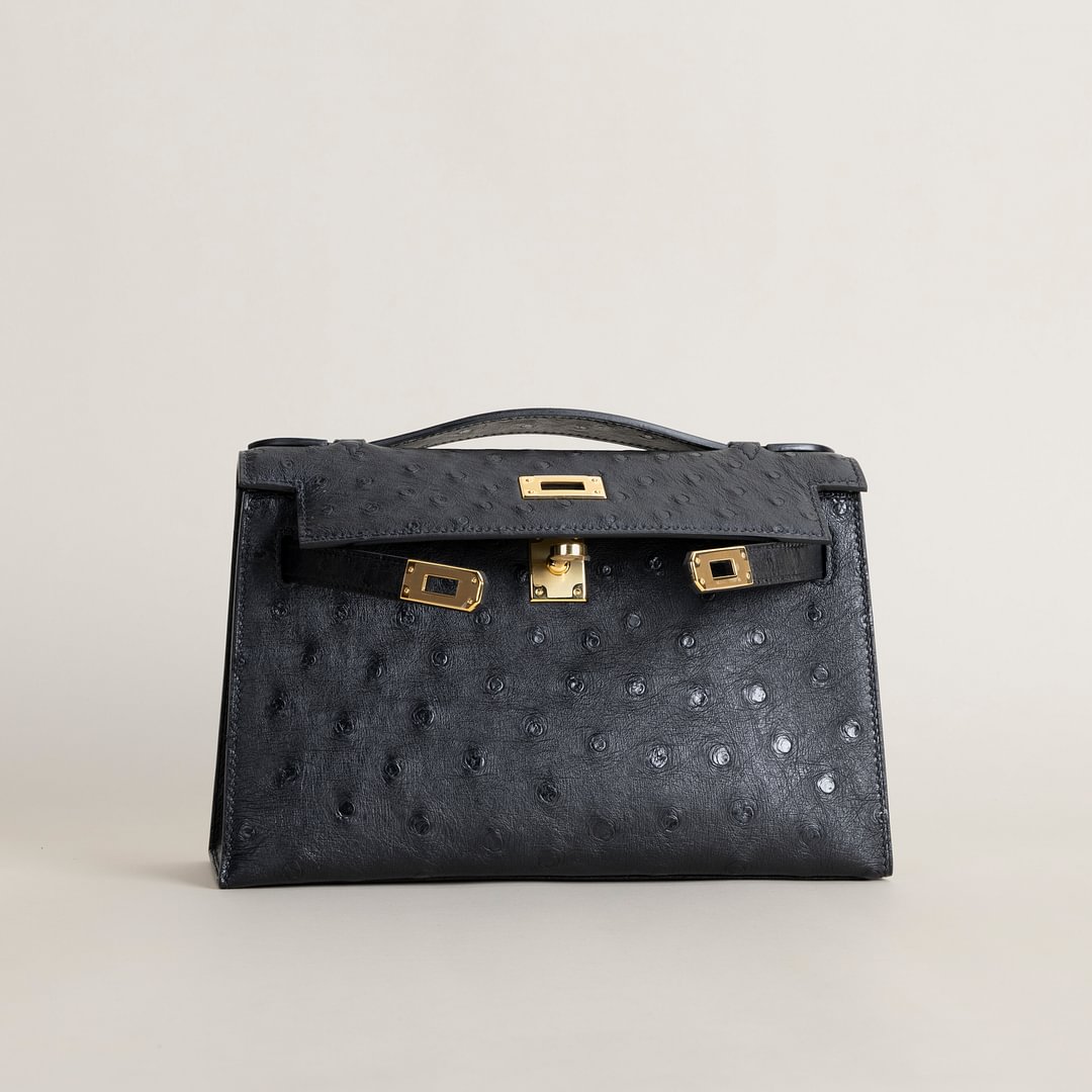 Kelly pochette  Ostrich CC89 Noir GHW