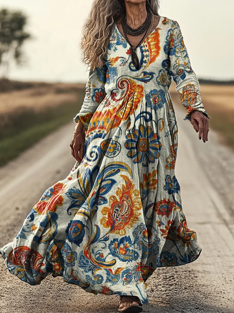Women's Vintage Ethnic Paisley Print Casual V-Neck Pocket Cotton Dress