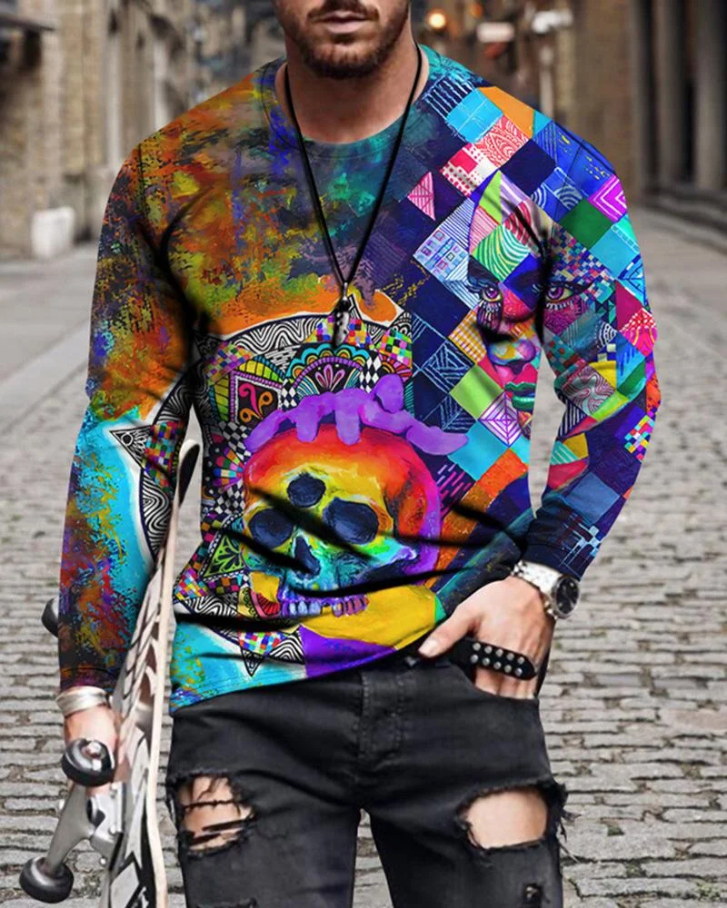 Men's abstract printed long-sleeved T-shirt