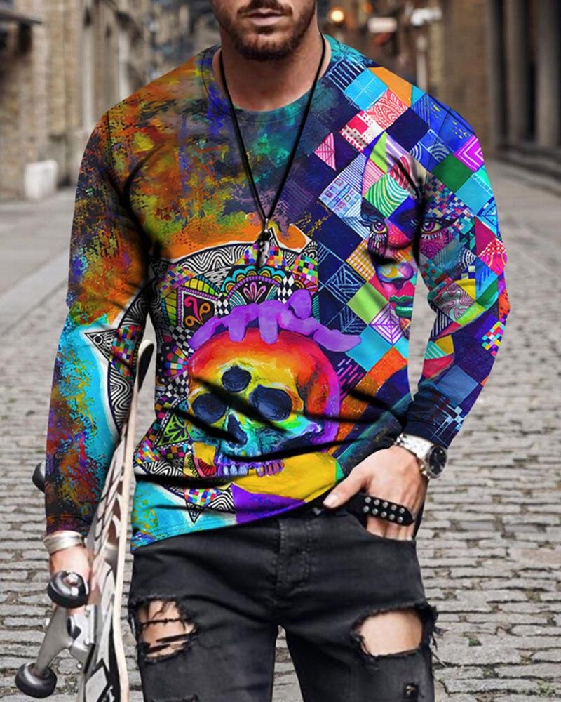 Men's abstract printed long-sleeved T-shirt