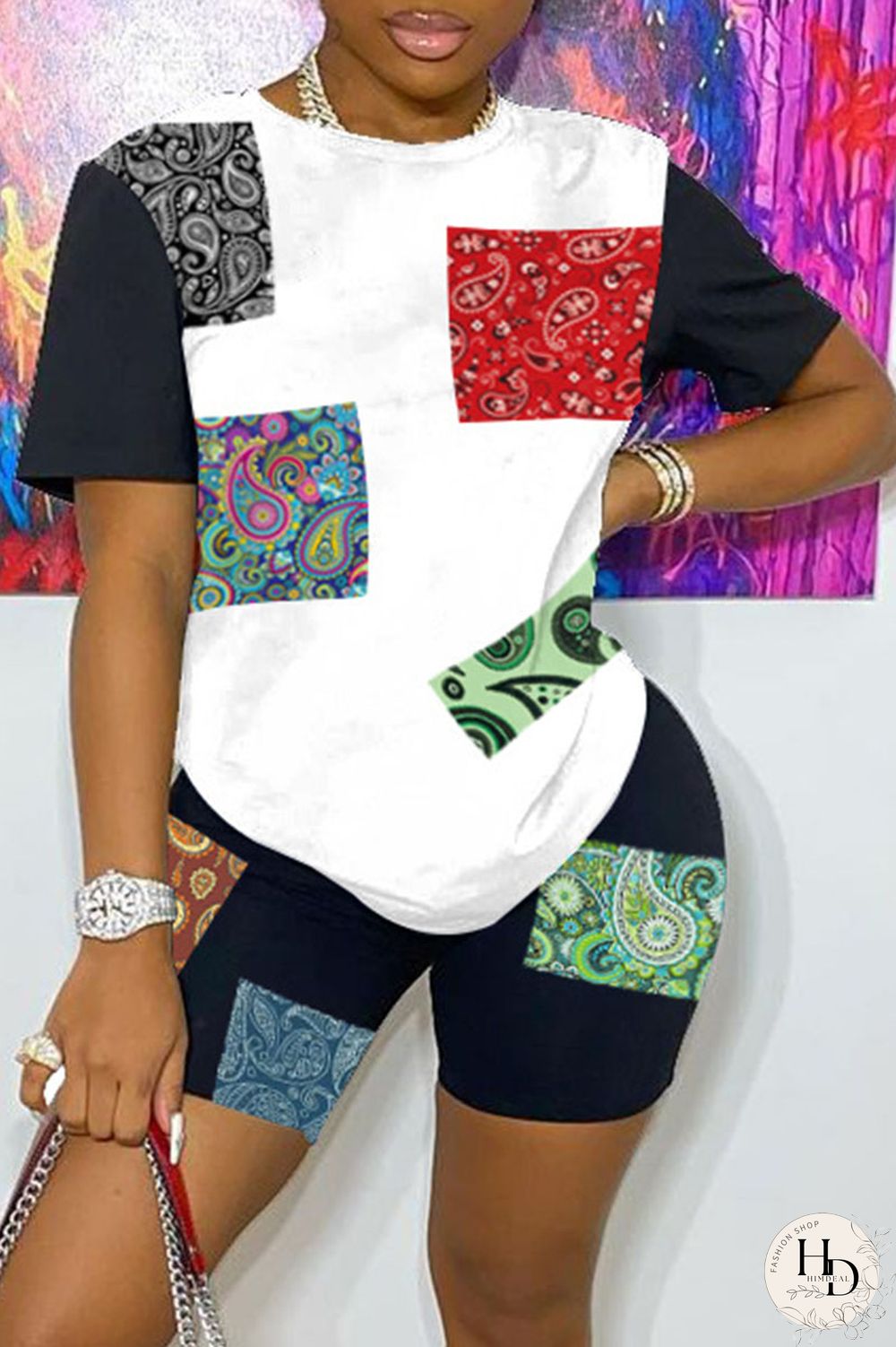 White Casual Print Split Joint O Neck Short Sleeve Two Pieces