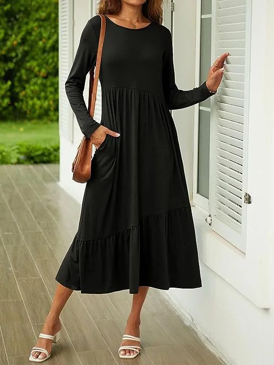 Women's 2024 Casual Dress Crew Neck Long Sleeve Midi Solid Dress