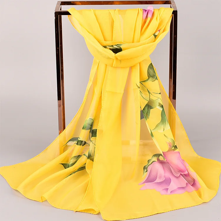 Fashion Yellow Chiffon Silk Rose Print Scarf  Flycurvy [product_label]