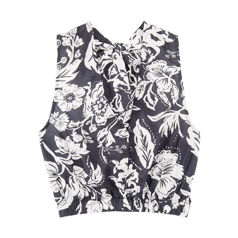 Yedinas Floral Print Sleeveless Tank Top Women V-neck Halter Off Shoulder Vintage Beach Style Sexy Backless Tees Summer Fashion