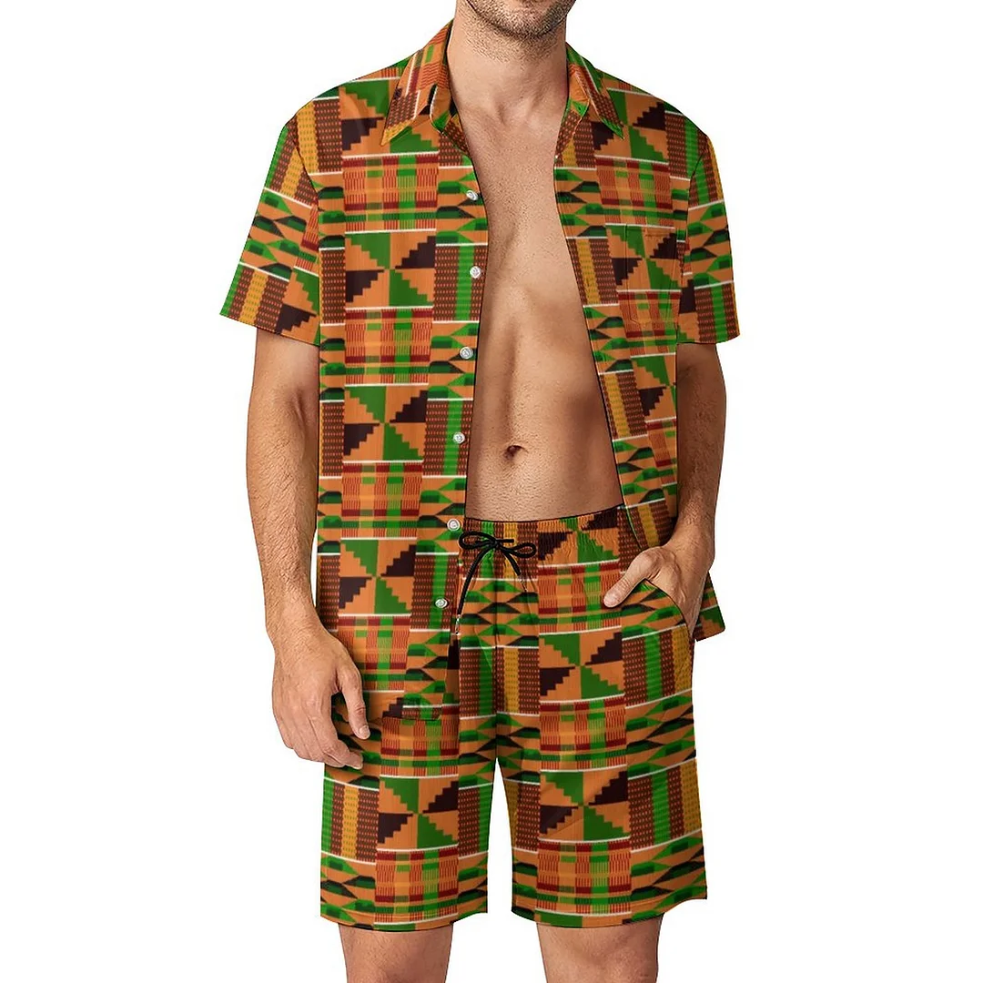 Afro Classic Orange Kente Men Hawaiian 2 Piece Outfit Vintage Button Down Beach Shirt Shorts Set Tracksuit with Pockets